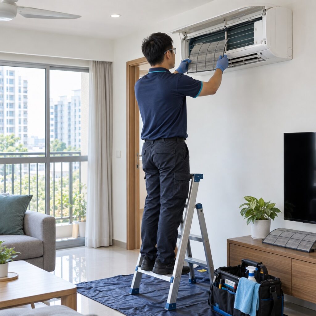 NewCool technician servicing a wall-mounted air conditioner in a Singapore home