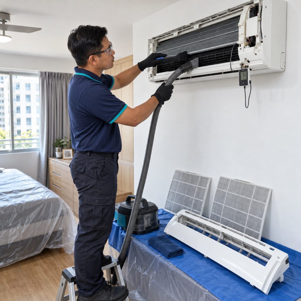 NewCool technician cleaning an indoor air conditioner and checking outlet temperature