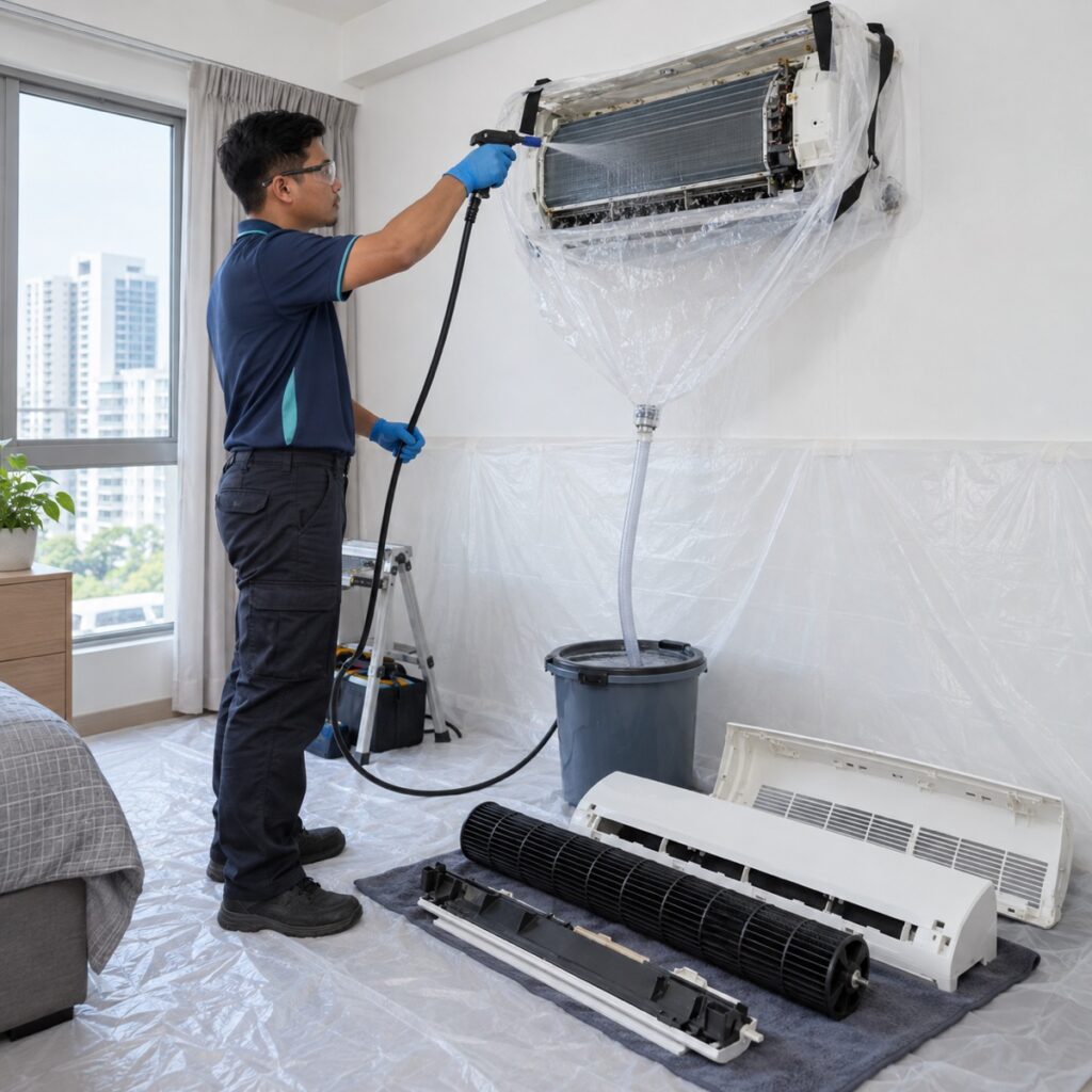 NewCool technician carrying out a chemical overhaul with proper runoff protection