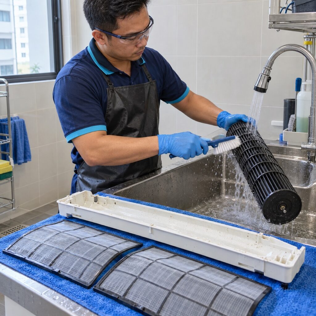 NewCool technician cleaning the blower wheel and drain pan during an aircon overhaul