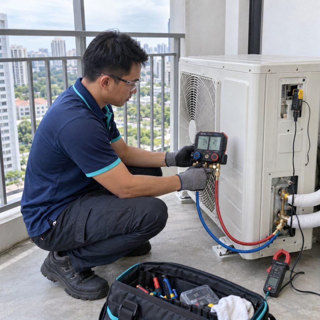 NewCool technician diagnosing a split air conditioner outdoor unit in Singapore