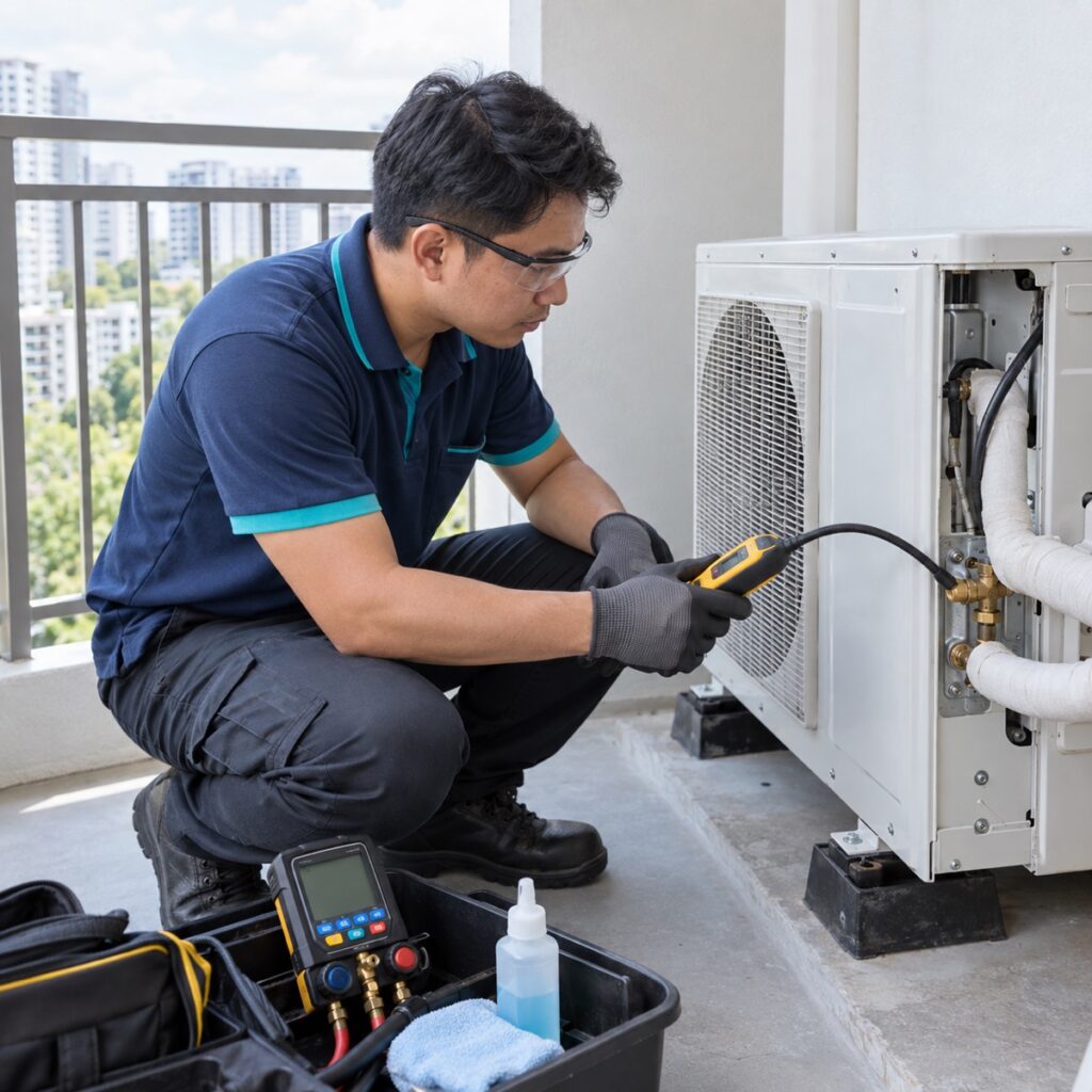 NewCool technician inspecting refrigerant connections for leaks at an outdoor unit