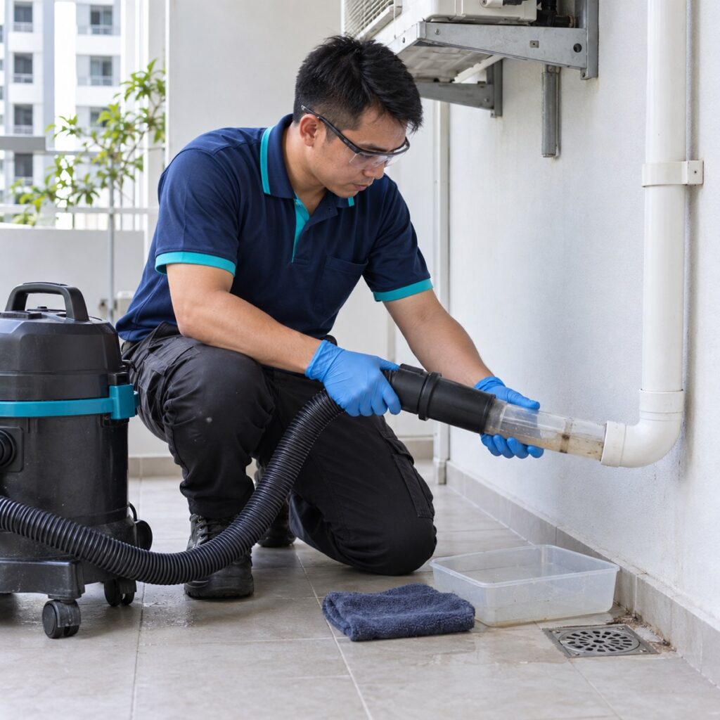 NewCool technician clearing a clogged air conditioner condensate drain line