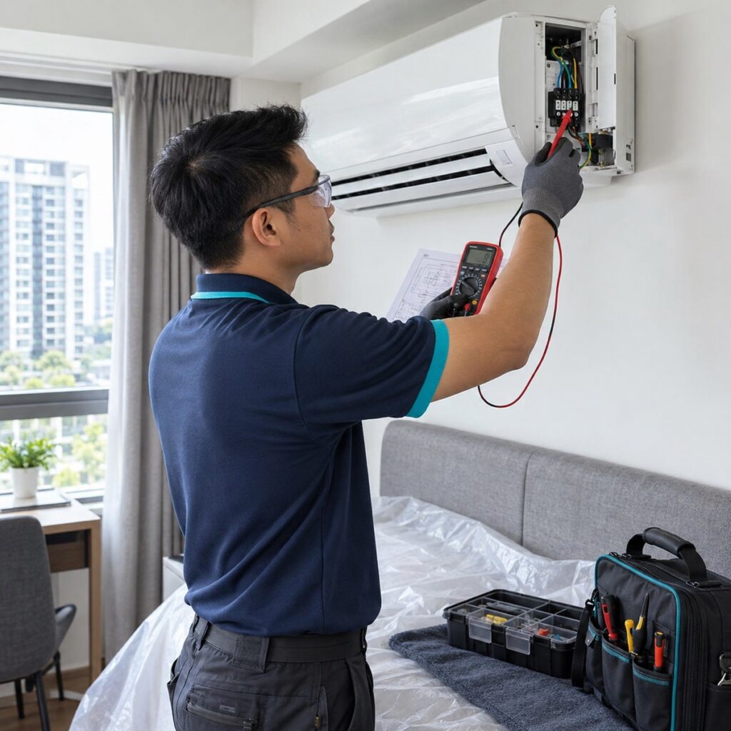 NewCool technician diagnosing an indoor air conditioner electrical fault