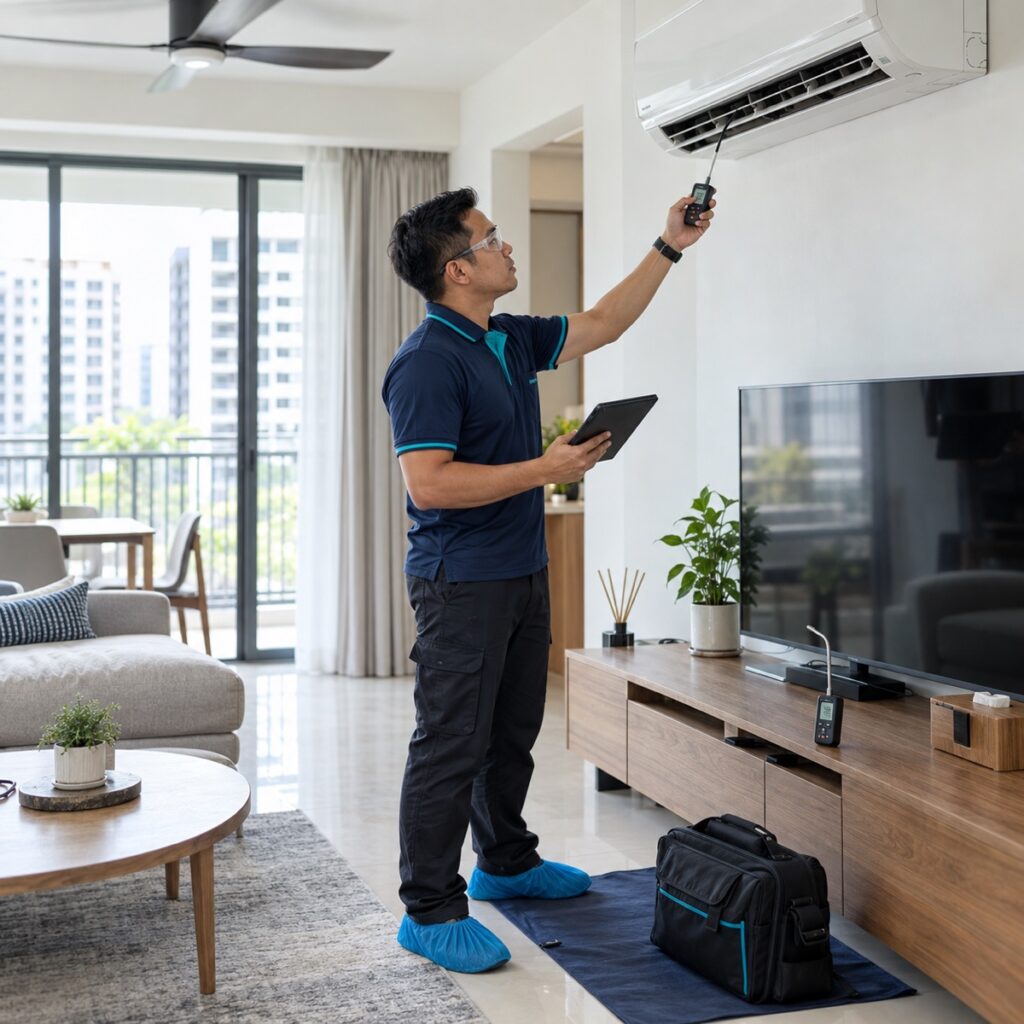 NewCool technician checking air conditioner temperature after servicing
