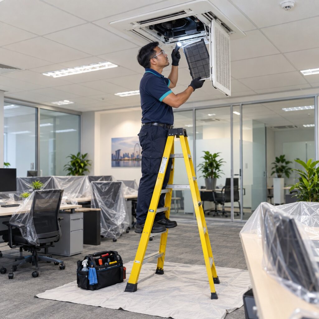 NewCool technician servicing a ceiling cassette air conditioner in a Singapore office