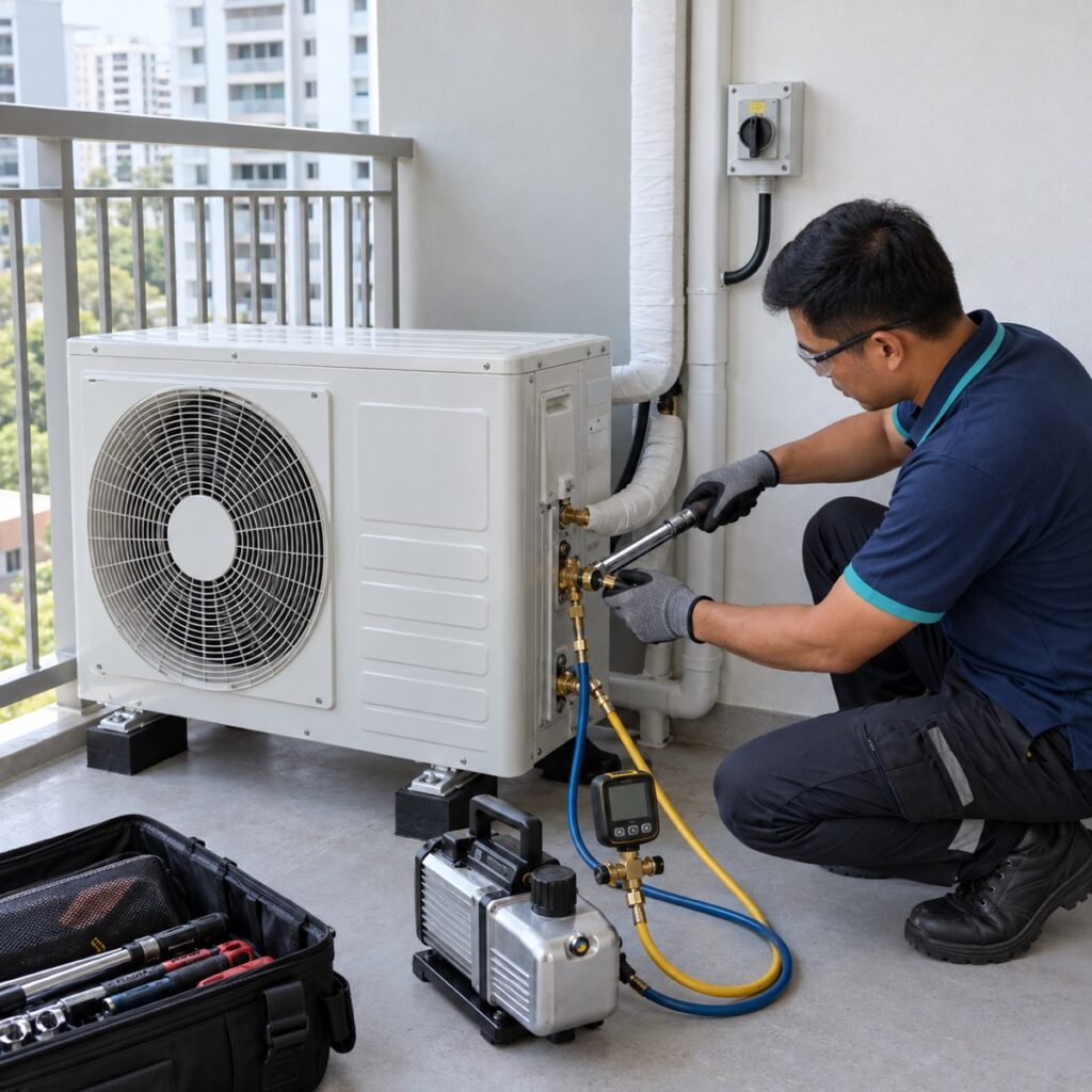 NewCool technician commissioning a residential split air conditioner outdoor unit
