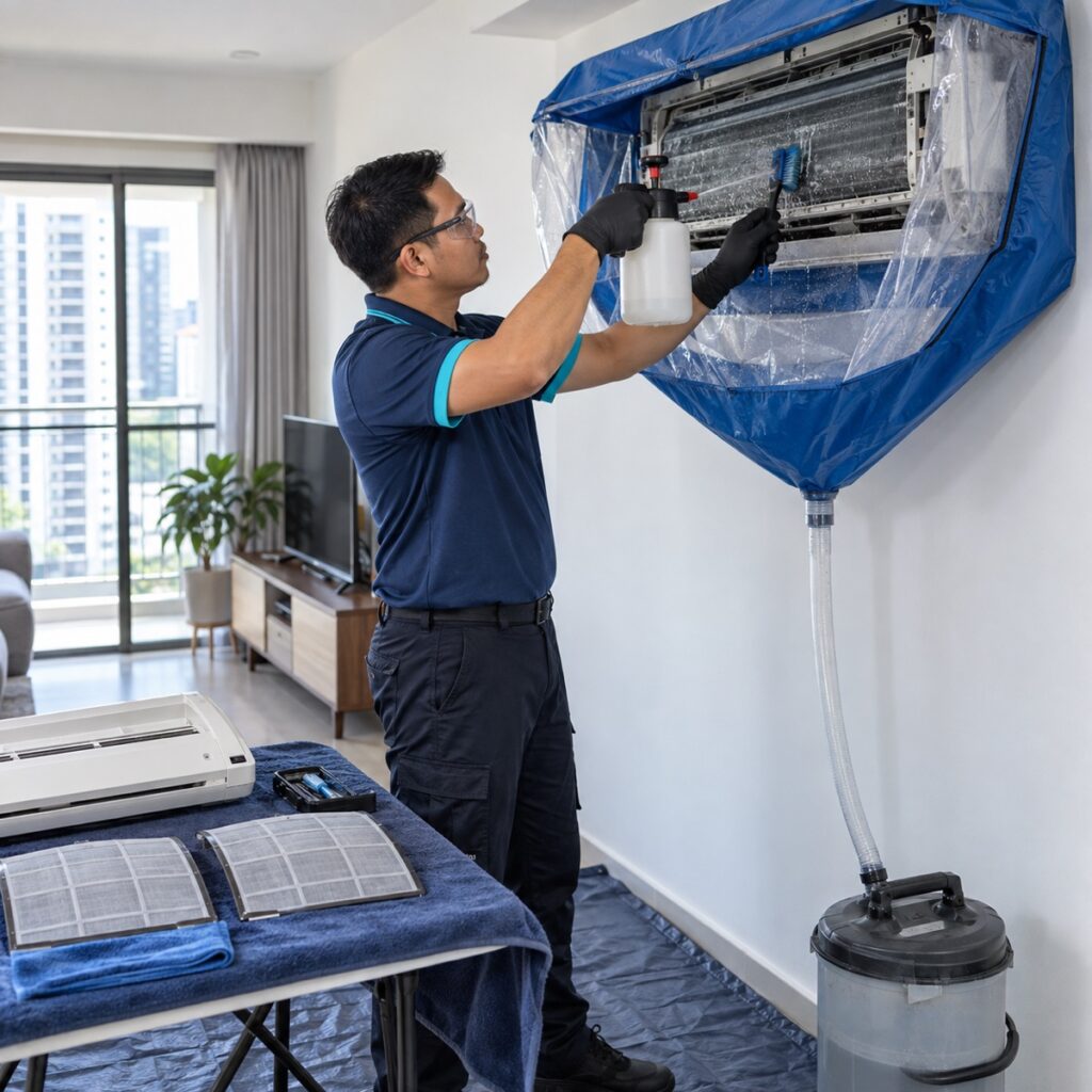 NewCool technician deep cleaning a residential split air conditioner with a wash bag